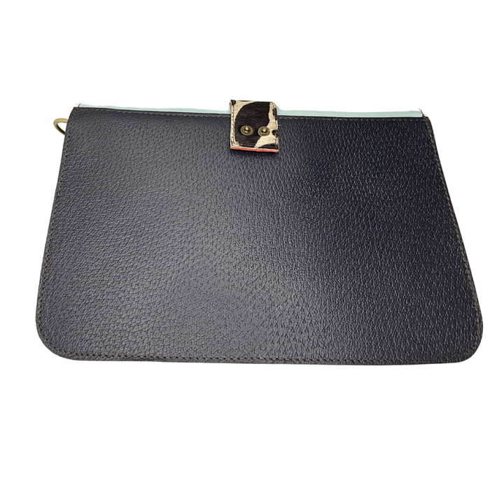 Recycled leather crossbody with reversible flap (solid/animal print), adjustable strap, 3 compartments—chic & eco-smart for women 30+.