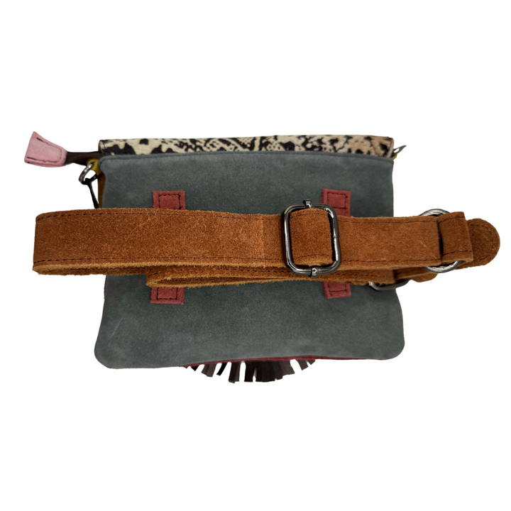 Juliette belt bag in recycled leather with animal print flap, zip pocket & 50" strap—versatile, eco-chic style for women 30+
