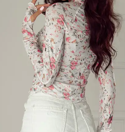 Floral High Neck Mesh Blouse