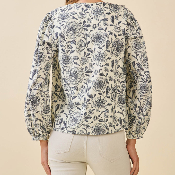 Floral Print Ruffled V-Neck Button Front Blouse