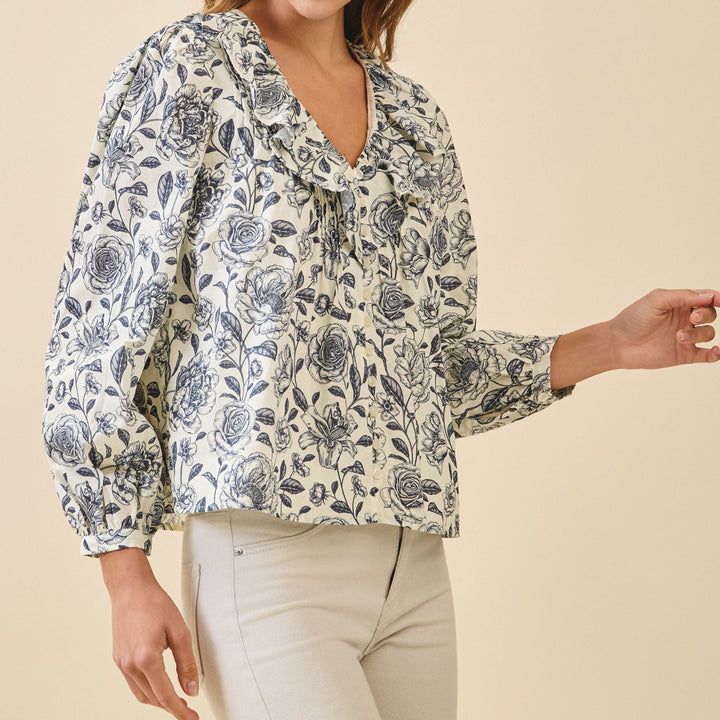 Floral Print Ruffled V-Neck Button Front Blouse