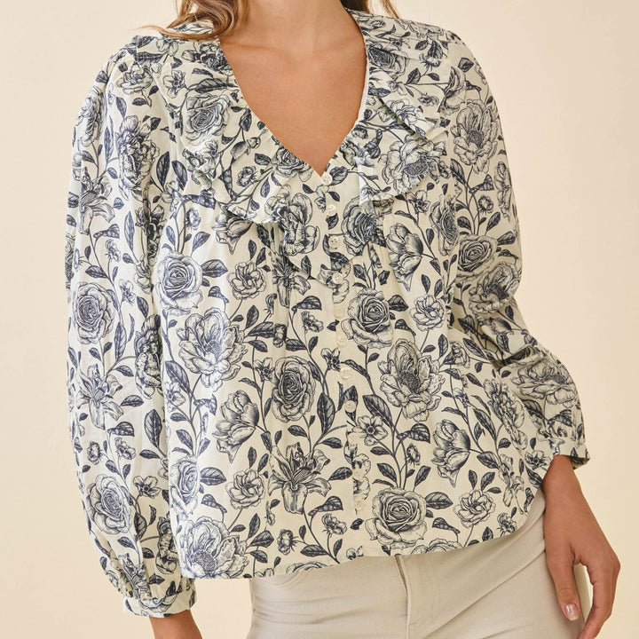 Floral Print Ruffled V-Neck Button Front Blouse