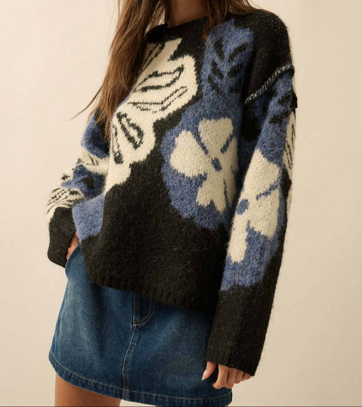 Fuzzy Floral Jacquard Sweater