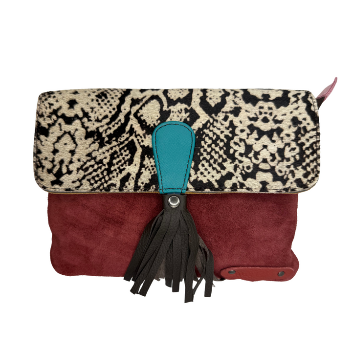 Juliette belt bag in recycled leather with animal print flap, zip pocket & 50" strap—versatile, eco-chic style for women 30+