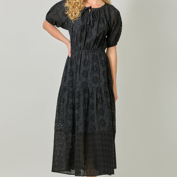 Puff Sleeve Tiered Eyelet Dress