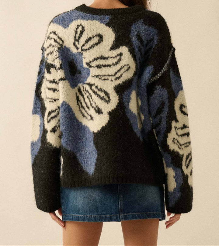 Fuzzy Floral Jacquard Sweater