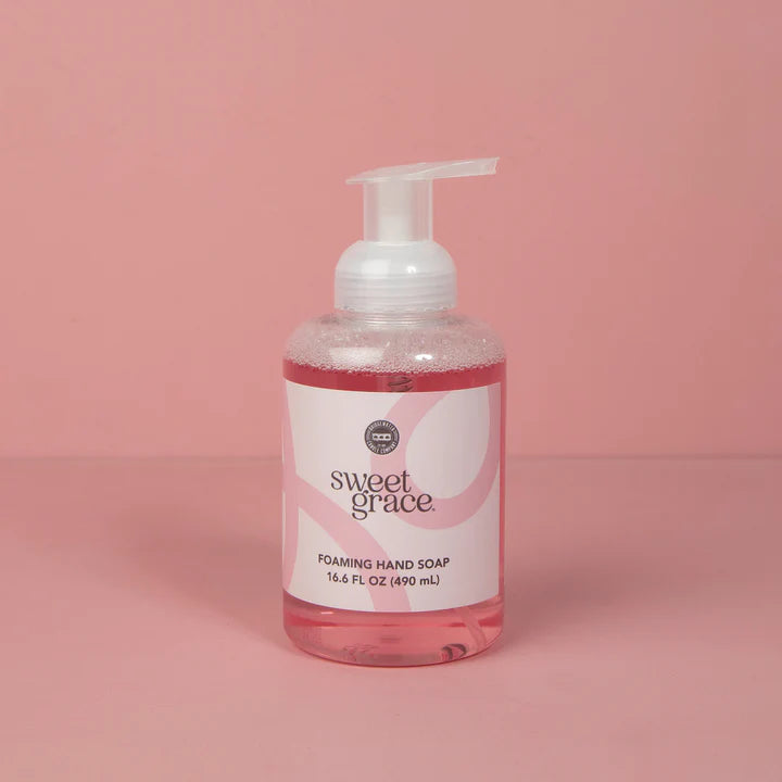"Sweet Grace Foaming Hand Soap 16.6 oz – nourishing aloe-infused formula with easy pump; features best-selling oriental & spice fragrance of passion fruit, sparkling tea, and patchouli."