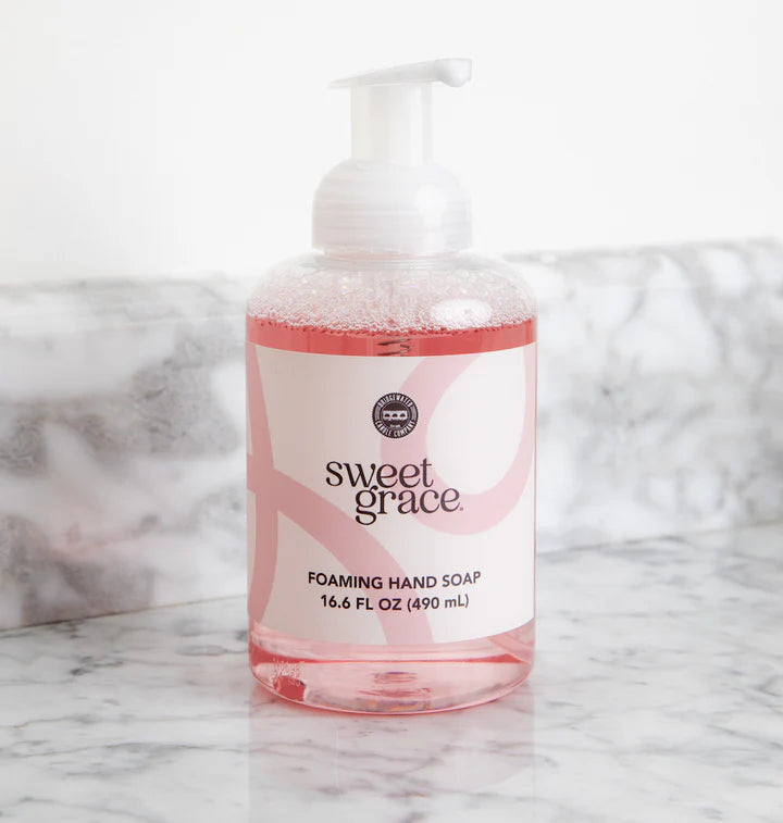 "Sweet Grace Foaming Hand Soap 16.6 oz – nourishing aloe-infused formula with easy pump; features best-selling oriental & spice fragrance of passion fruit, sparkling tea, and patchouli."