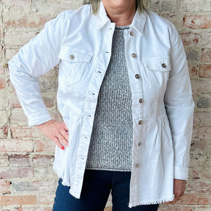 "Women's white peplum denim jacket – flirty and casual style with a fitted silhouette; may run snug in the bust, consider sizing up"