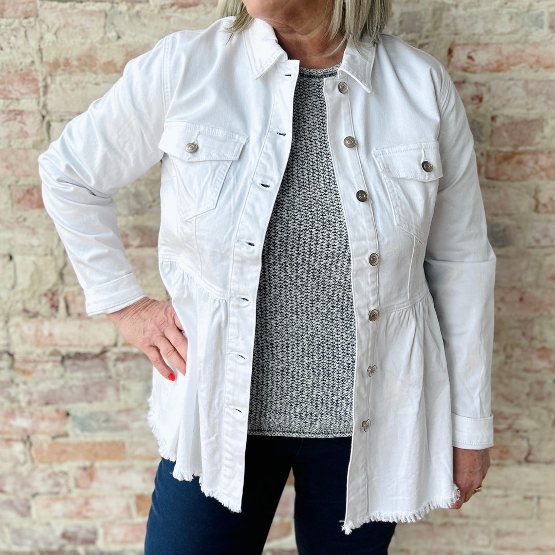 "Women's white peplum denim jacket – flirty and casual style with a fitted silhouette; may run snug in the bust, consider sizing up"