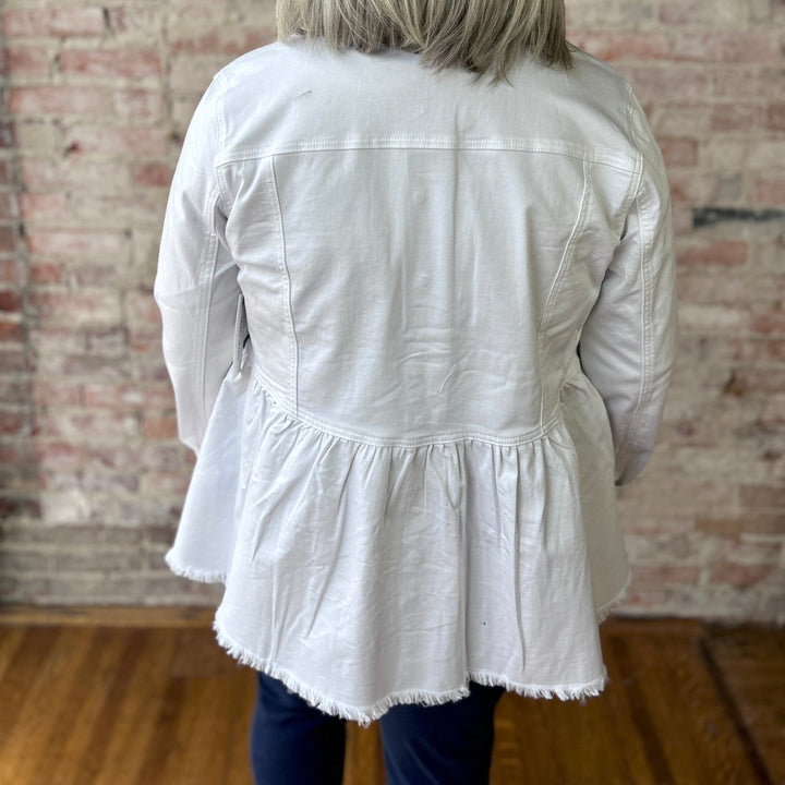 "Women's white peplum denim jacket – flirty and casual style with a fitted silhouette; may run snug in the bust, consider sizing up"