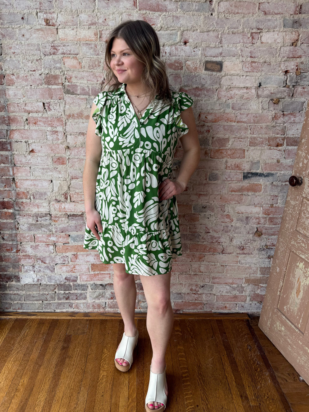 Two Tone Printed Mini Dress with Ruffled Sleeves