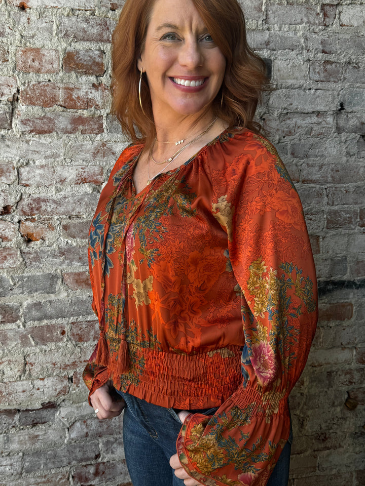 Print Shirred Peasant Top