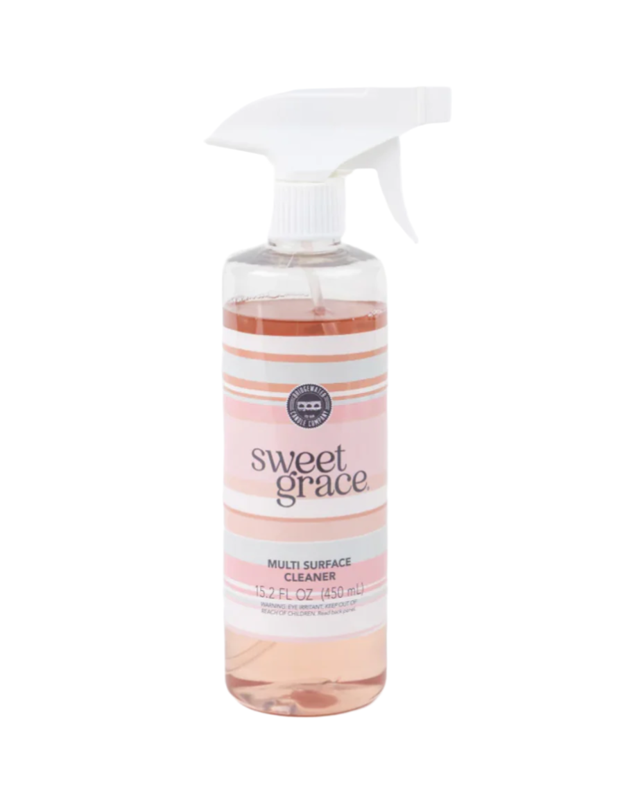 "Sweet Grace multi-surface cleaner – powerful on grease and grime, safe for non-porous surfaces, infused with signature fragrance; free of parabens, sulfates, formaldehyde, phthalates, and ammonia."
