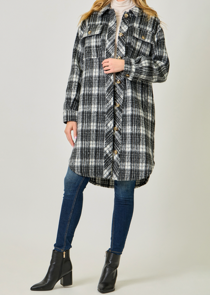 Fringe Placket Detail Plaid Long Jacket