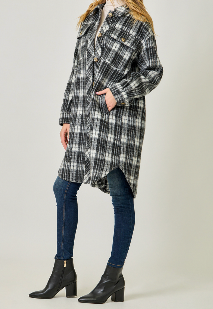Fringe Placket Detail Plaid Long Jacket