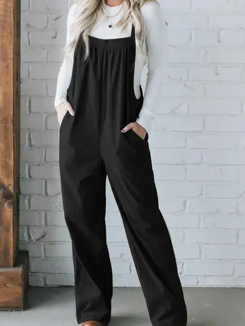 Solid Pocketed Corduroy Overalls