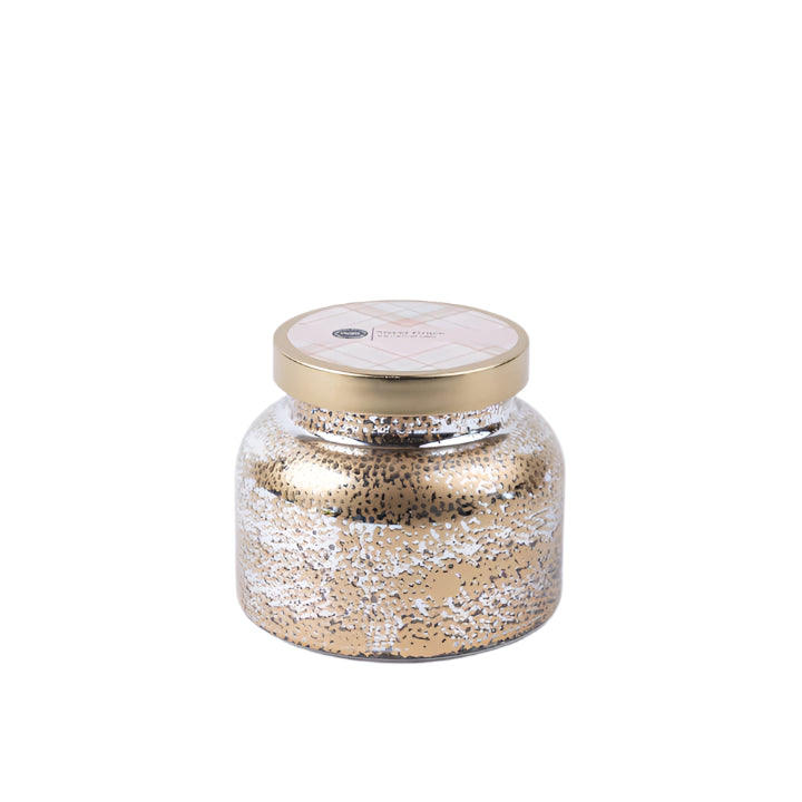 "Sweet Grace Mercury Jar Candle – 18 oz soy-blend wax with gold and silver mercury finish; long-lasting 65-hour burn and best-selling oriental & spice fragrance with passion fruit, sparkling tea, and patchouli; supports Light A Candle Feed A Child program."