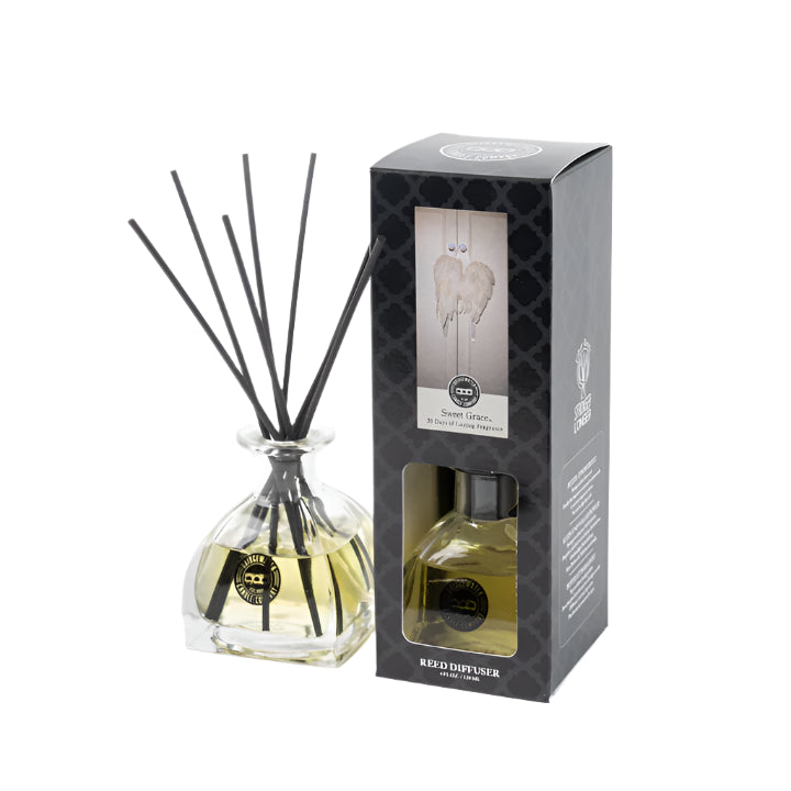 "Sweet Grace Reed Diffuser 4 oz – neutral glass vase with high-performance fiber reeds, offering flameless fragrance for up to 30 days; features best-selling oriental & spice scent with passion fruit, sparkling tea, and patchouli."