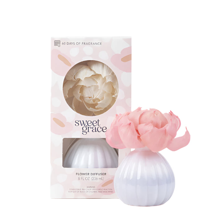"Sweet Grace Flower Diffuser – blooming flower design that turns pink over 60 days; features best-selling oriental & spice fragrance with passion fruit, sparkling tea, and patchouli."