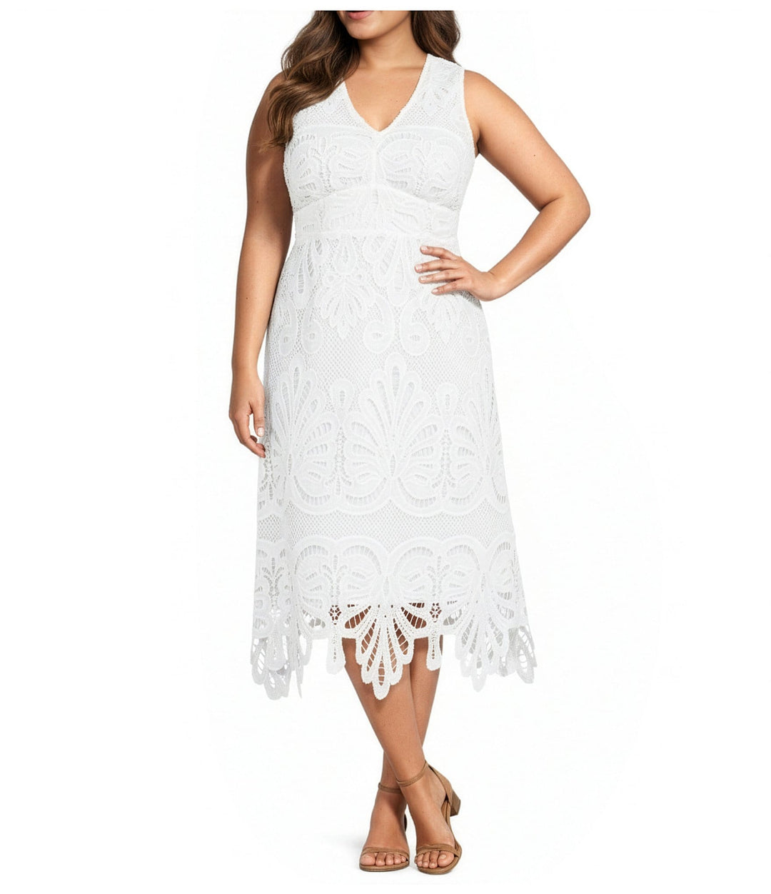 White lace midi dress with V-neck and scalloped hem detail