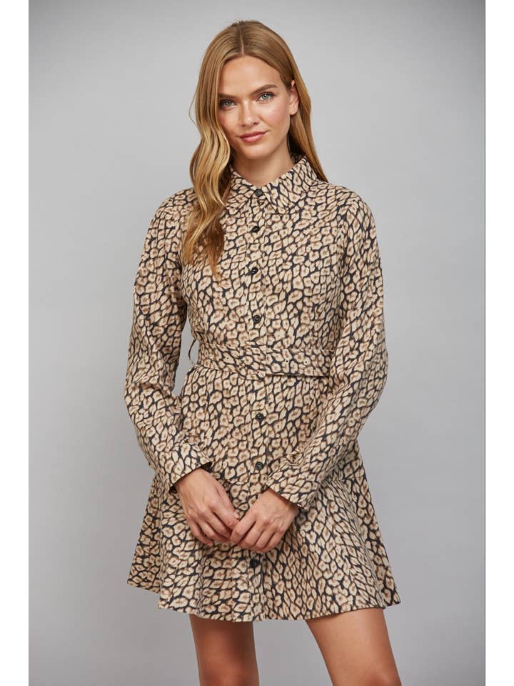 Animal Print Belted Shirt Dress
