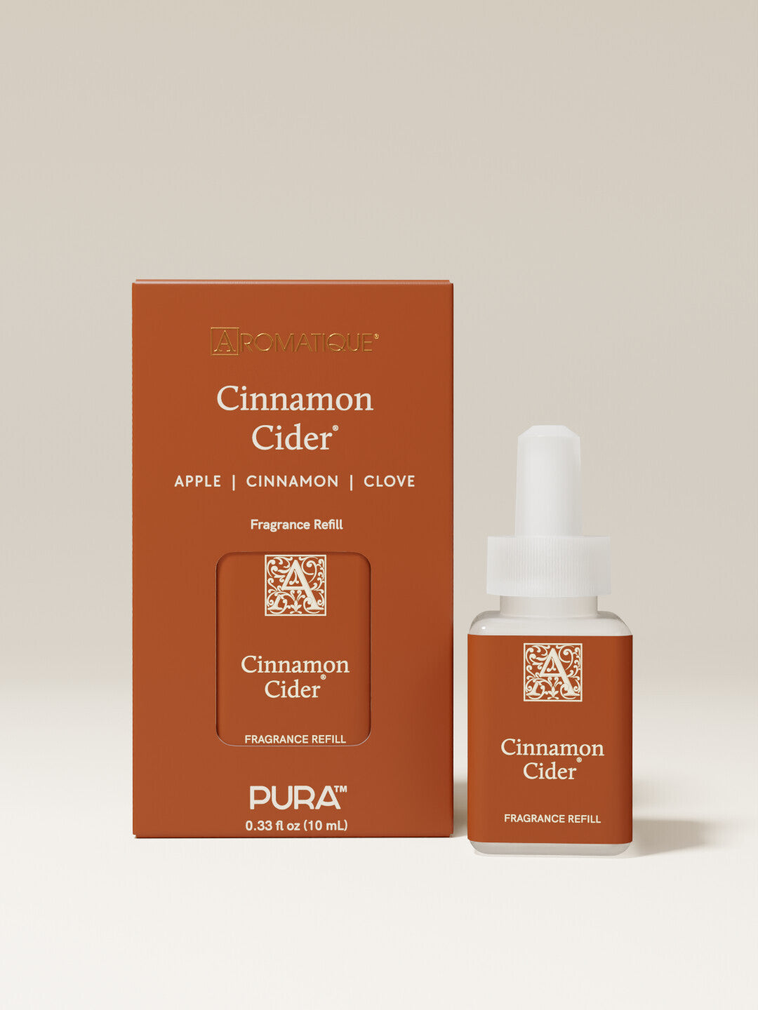 Aromatique Cinnamon Cider Pura fragrance refill smart vial with matching box packaging