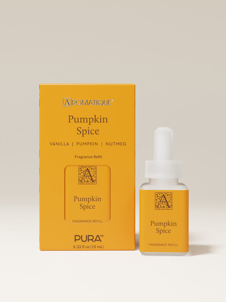 Aromatique Pumpkin Spice Pura fragrance refill smart vial with golden yellow box packaging