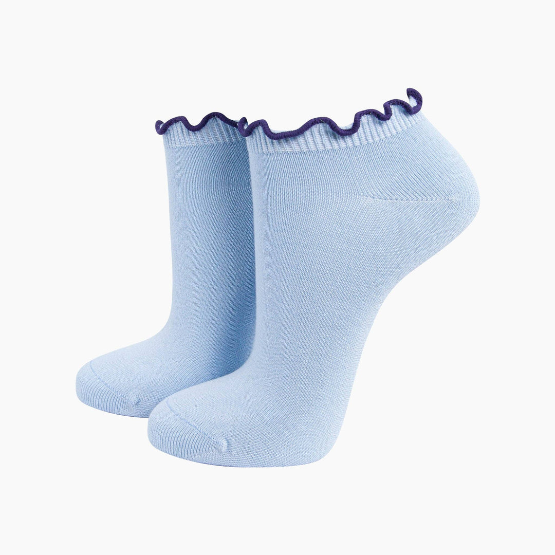 Light blue bamboo trainer socks with navy wavy frill trim at ankle