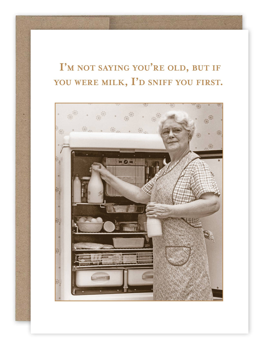 Birthday greeting card with vintage woman and milk joke, includes brown envelope