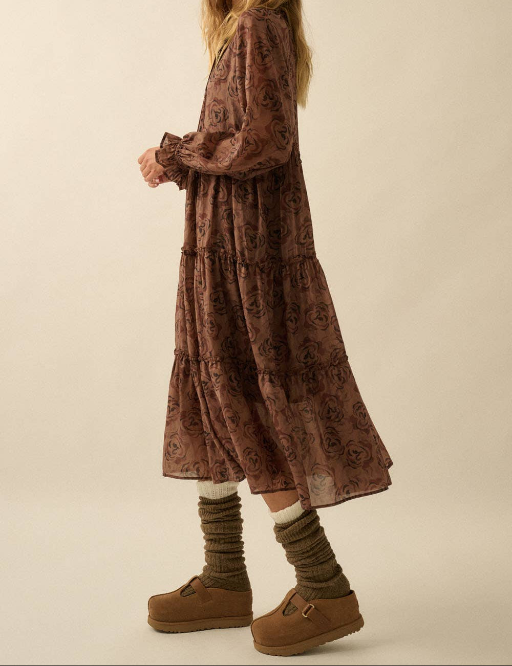 Floral Tiered Ruffle Bubble-Sleeve Midi Dress