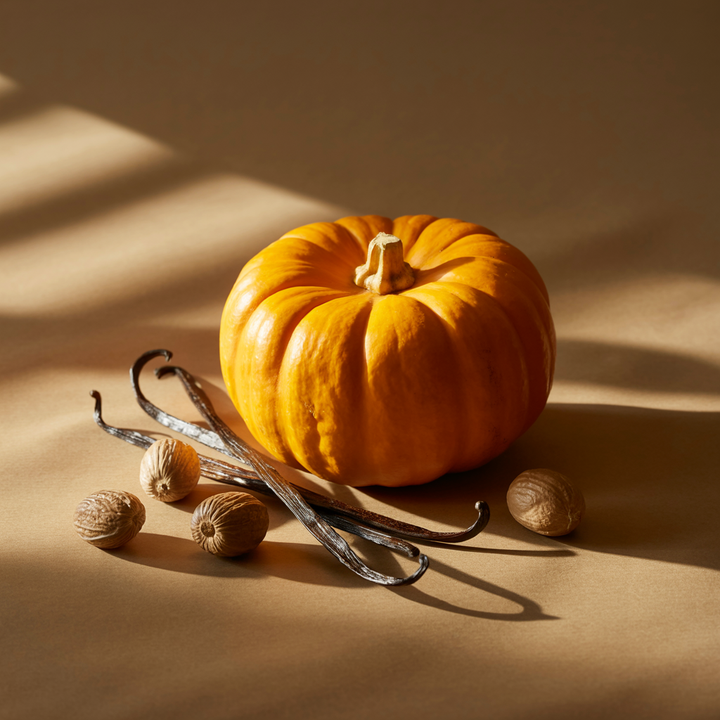 Pura Pumpkin Spice fragrance vial displayed with a small orange pumpkin, vanilla beans, and nutmegs.
