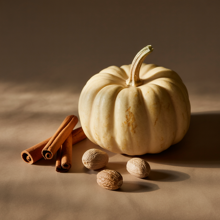 Pura Pumpkin Spice fragrance vial displayed with cinnamon sticks and whole nutmeg spices.