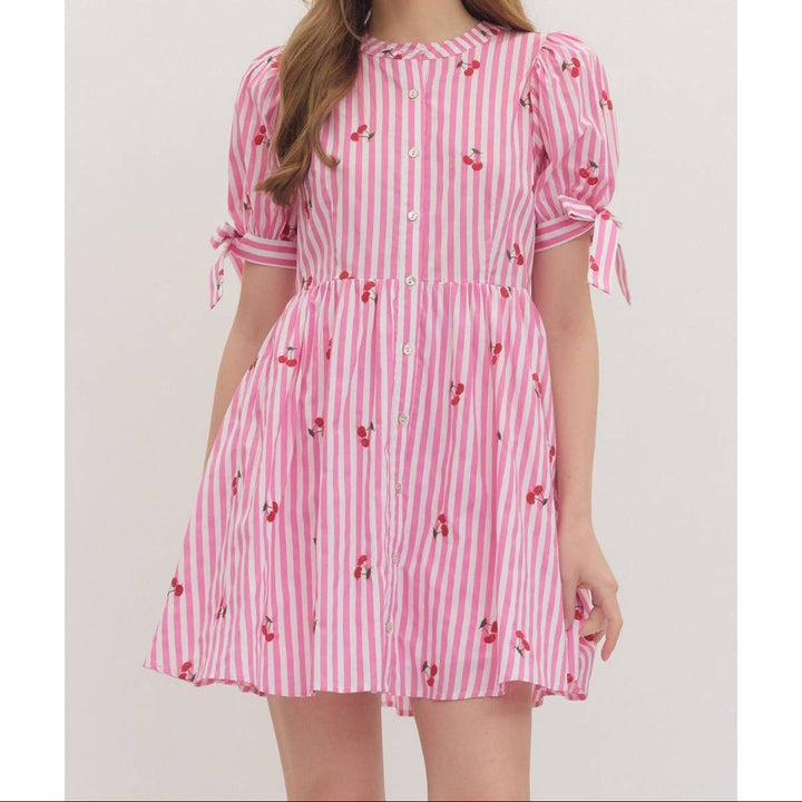 Striped Cherry Short Sleeve Mini Dress