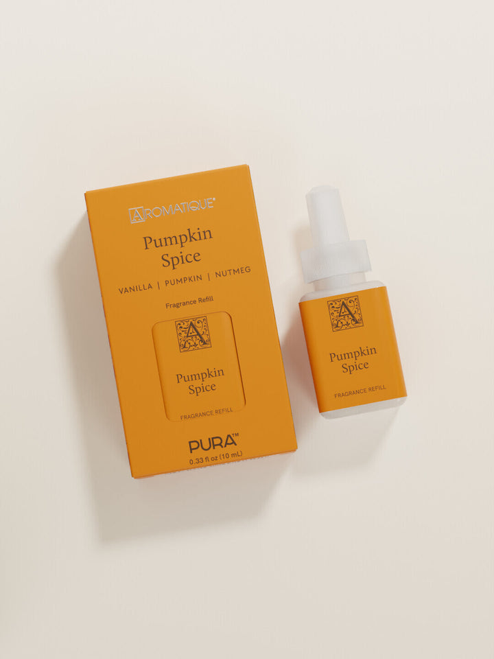 Aromatique Pumpkin Spice Pura fragrance refill vial with orange packaging box