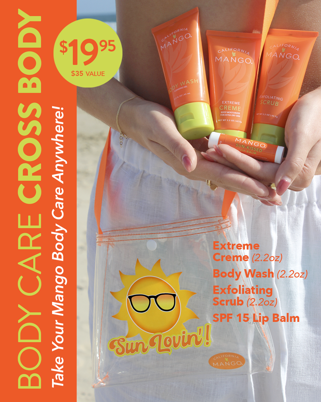 California Mango Body Care Cross Body kit with four travel-size orange products and clear bag