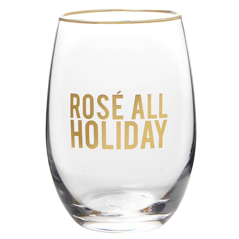 Clear stemless wine glass with gold rim and 'ROSÉ ALL HOLIDAY' text