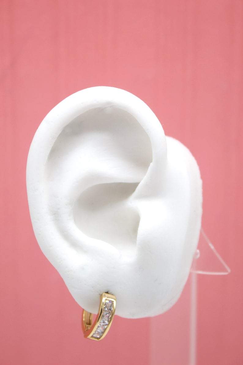 18K Gold Filled Huggies Earrings With Clear Rectangle CZ Cubic Zirconia Stones