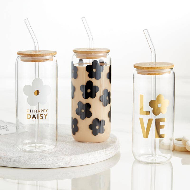 Black Flowers Glass Tumbler