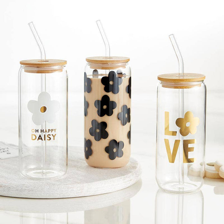 Black Flowers Glass Tumbler