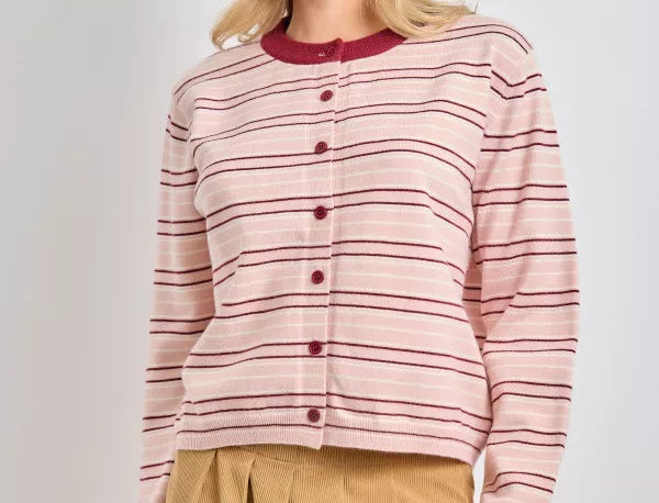 Striped blush and burgundy button-up cardigan with contrast hem, worn with tan corduroy skirt