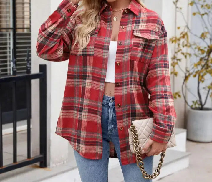Casual Loose Fit Plaid Button Shirt