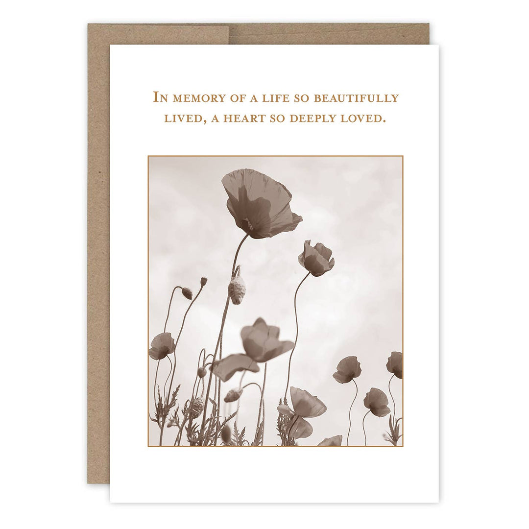Shannon Martin sympathy card with sepia poppy flowers and memorial message