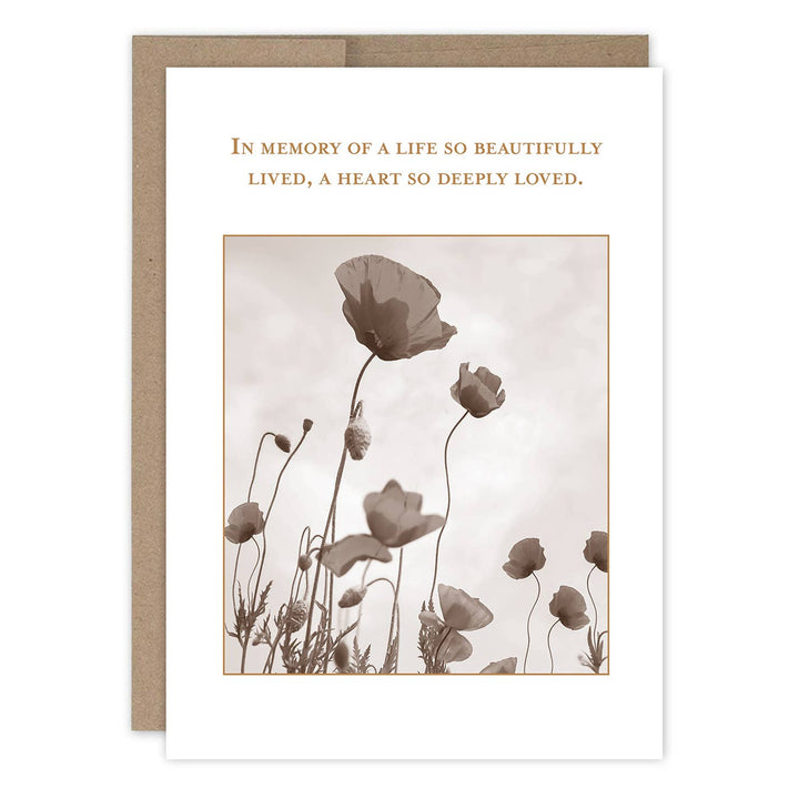 Shannon Martin sympathy card with sepia poppy flowers and memorial message
