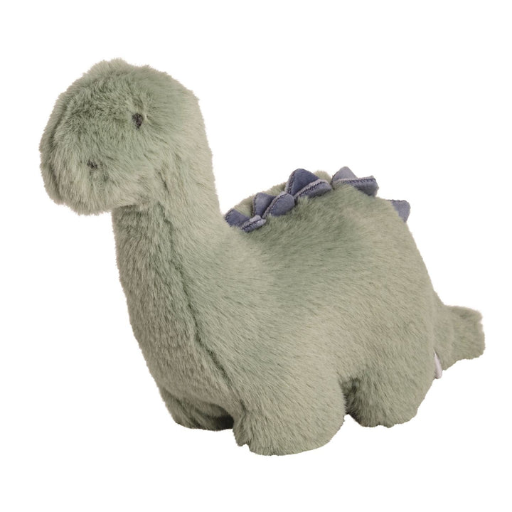 Soft sage green plush dinosaur toy with purple fabric spikes along back