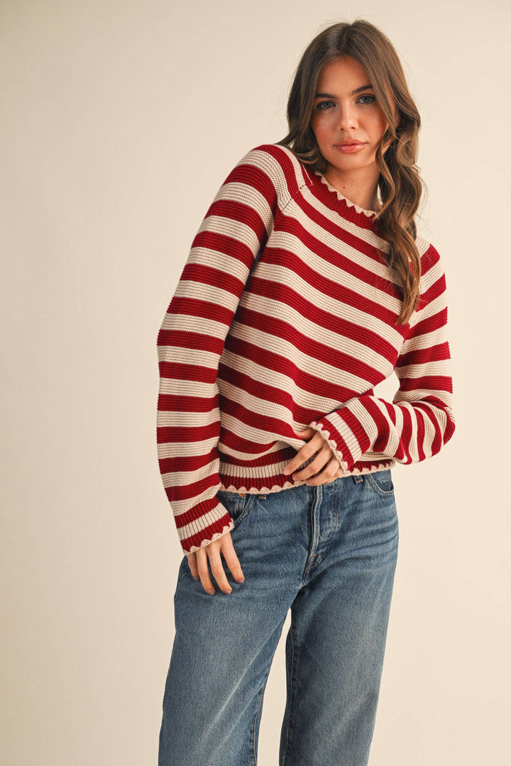 Striped Puff Sleeve Sweater w/ Contrast Stitch