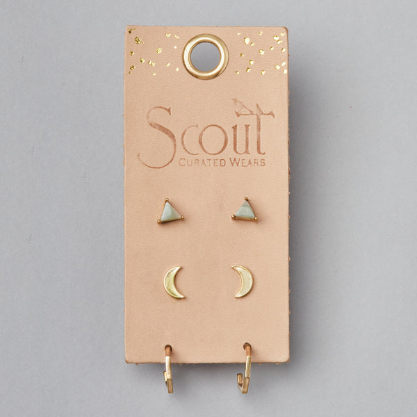 Scout Curated Wears gold stud trio earring set with triangular and crescent moon designs