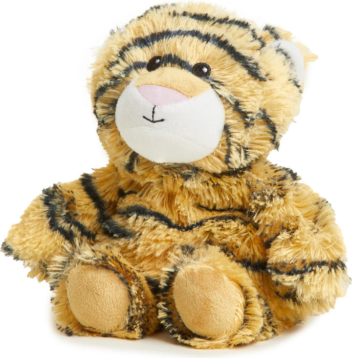 Warmies Junior plush tiger stuffed animal with black and orange striped fur pattern