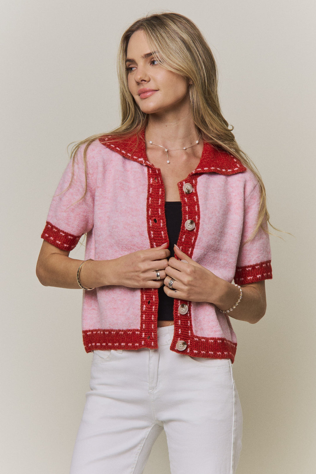 Collared Short-Sleeve Knit Cardigan Top