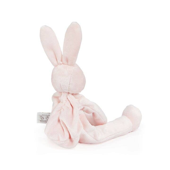 Soft pink plush bunny toy with long ears and cable knit texture